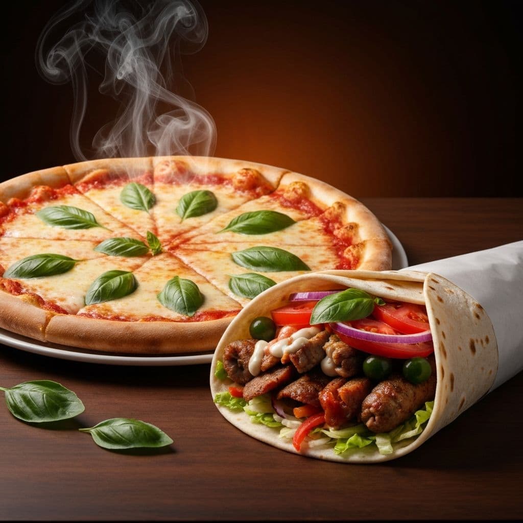 Pizza appena sfornata e kebab alla griglia di Mezzaluna